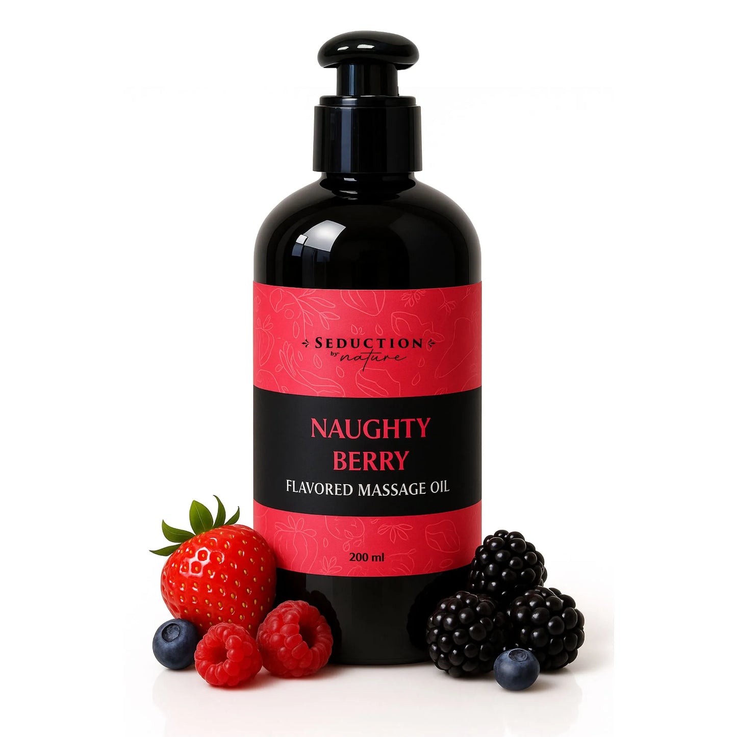 Bottle of Seduction Naturals Naughty Berry flavoured massage oil with berries