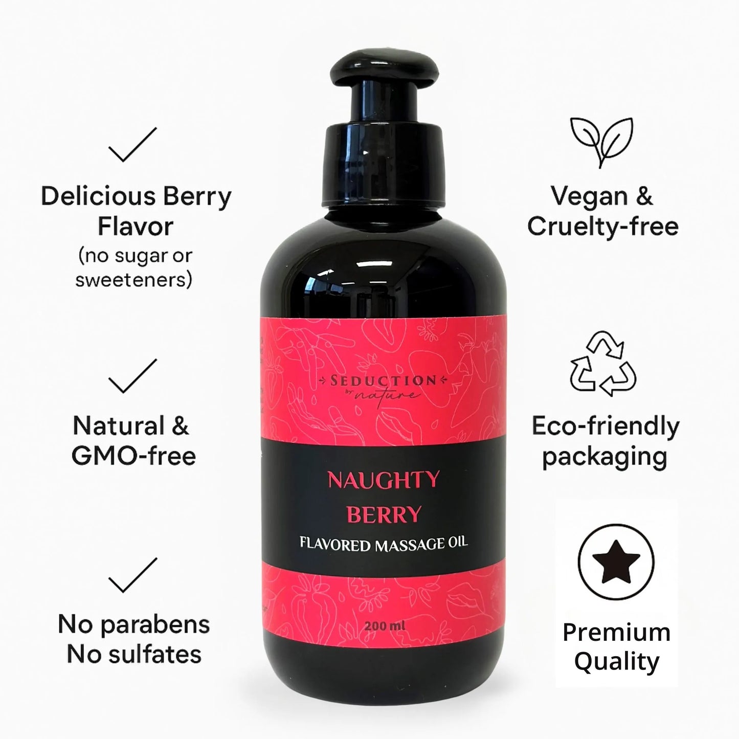 Naughty Berry flavored massage oil with features listed