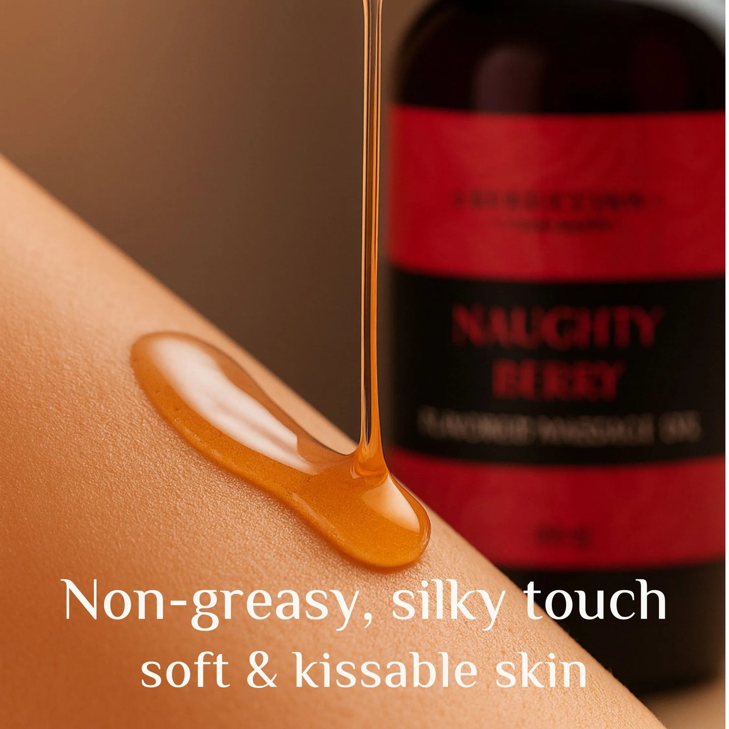'Naughty Berry' with oil being applied to skin, emphasizing a non-greasy, silky touch.