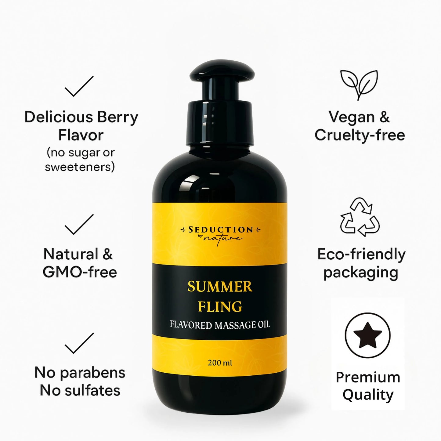 Massage oil bottle with featuring product details.