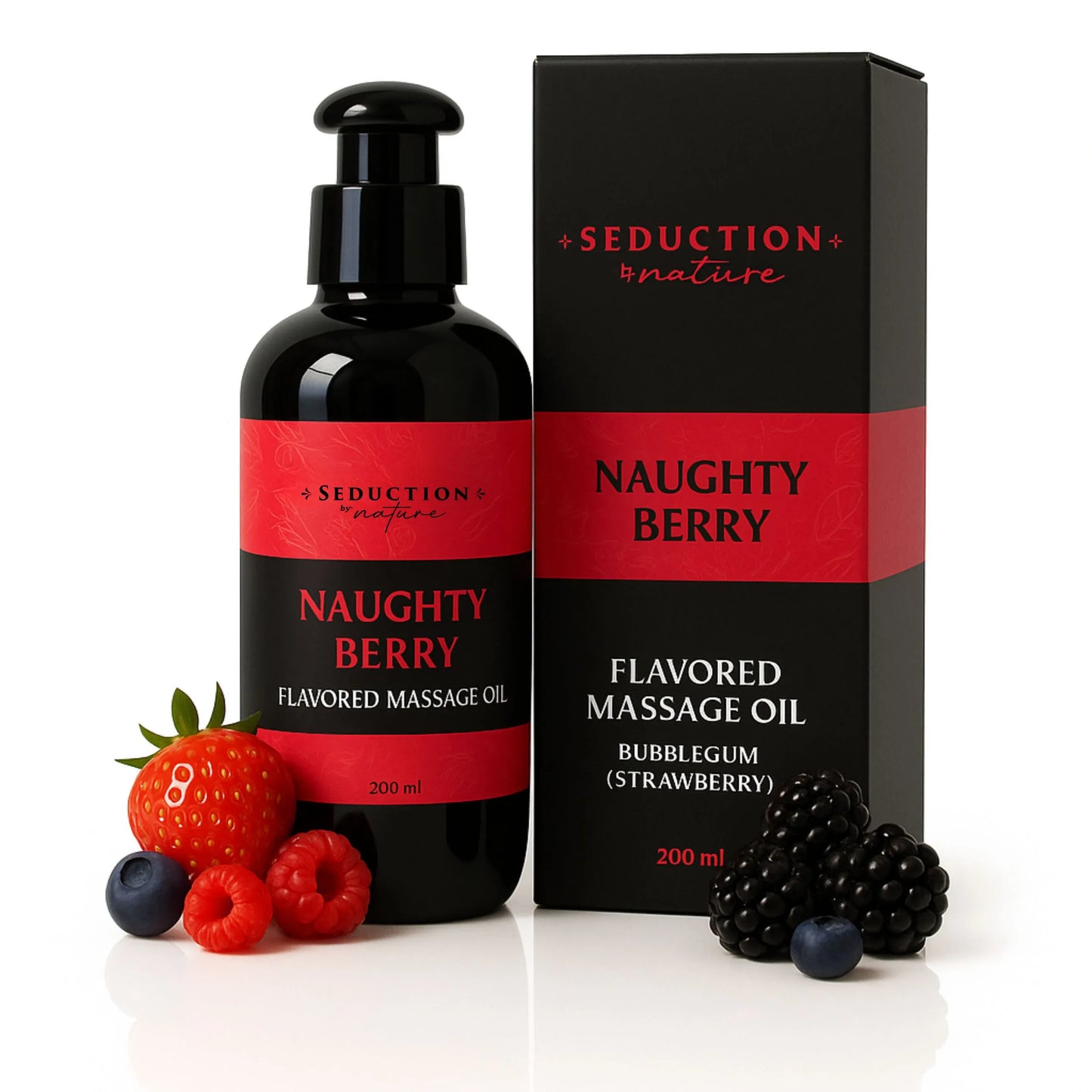 Massage oil bottle and packaging with berries