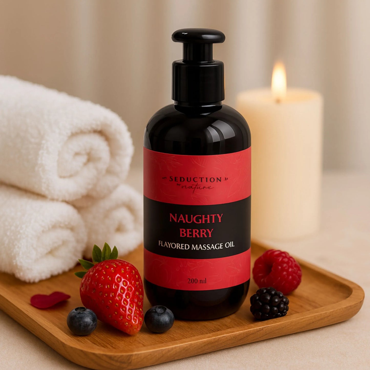 Naughty Berry' flavoured massage oil on a wooden tray with berries and towels.