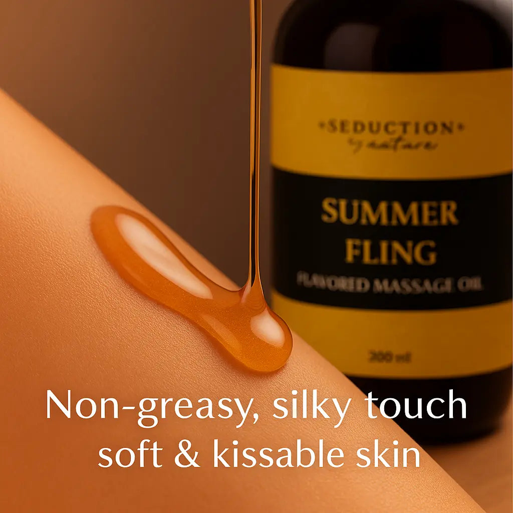 Massage oil being applied to skin with a bottle labeled 'Summer Fling' i