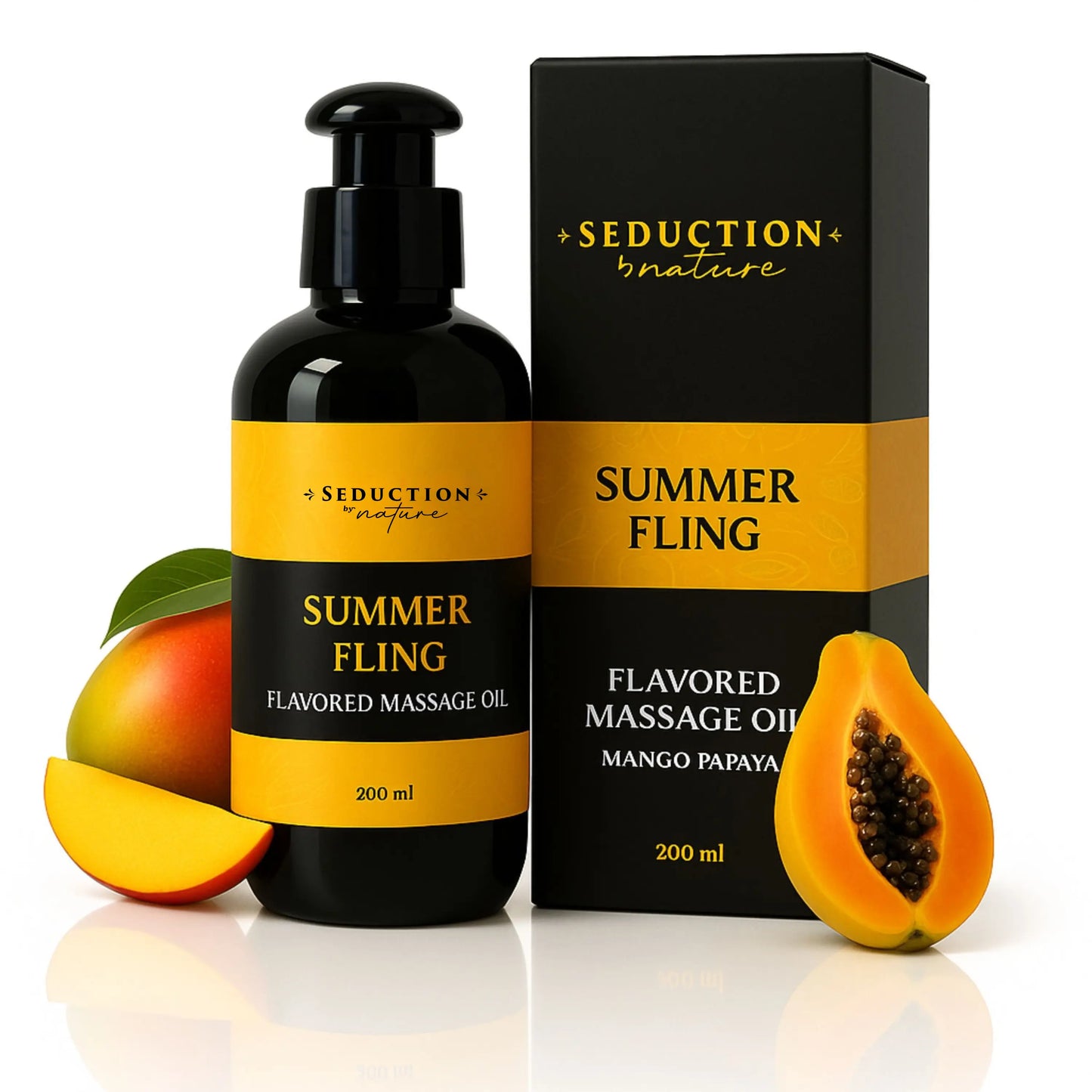 Massage oil bottle and packaging with mango and papaya slices