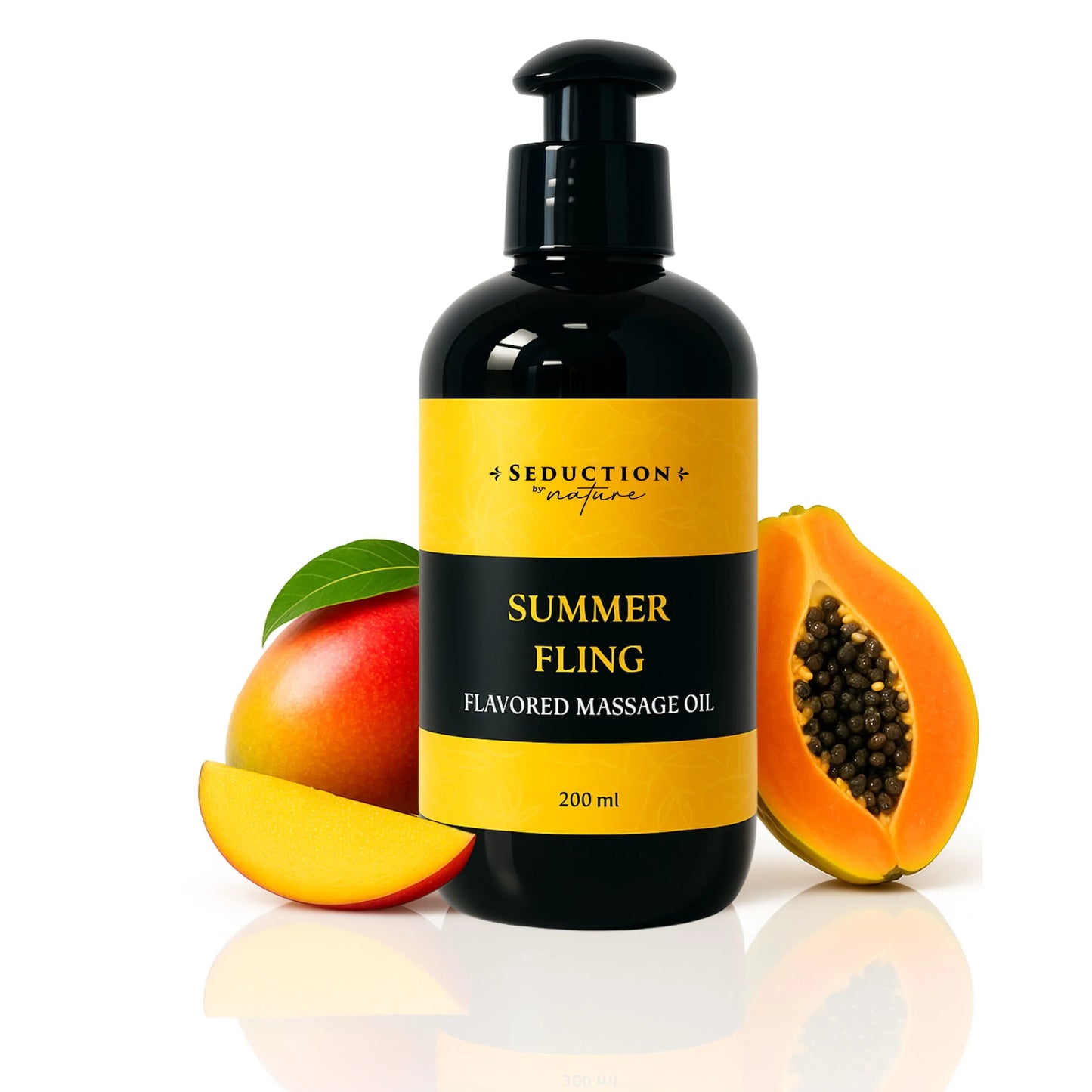 Massage oil bottle labeled 'Summer Fling' with mango and papaya slices on a white background
