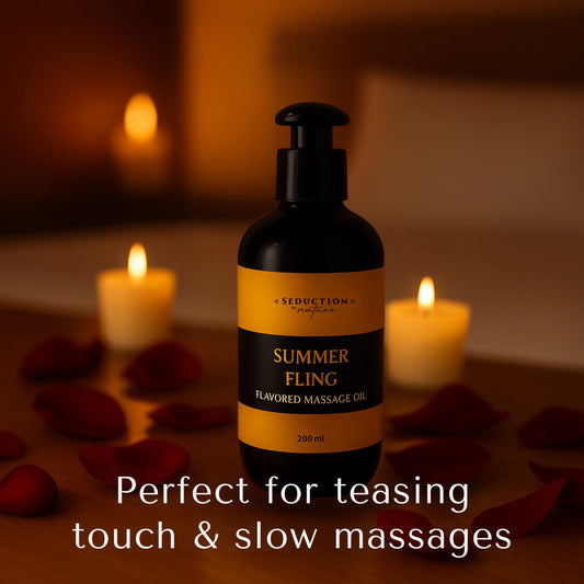 Massage oil bottle labeled 'Summer Fling'

